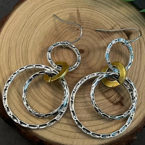 SILVER PLATED Retro Bohemian Style triple hoop drop earrings. - Picture 5 of 9